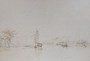 Manner of George Chinnery (1774-1852) pencil and ink, Chinese river landscape before mountains,