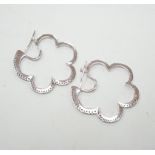 A pair of modern 750 white metal and diamond chips set 'cloud' shaped earrings, 37mm, 10.4 grams.