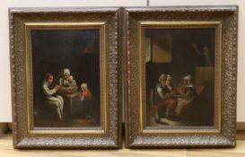 Pair of 17th century style German school, oils on board, Tavern scene and Family seated in an