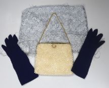 An evening purse, a shawl and pair of blue gloves