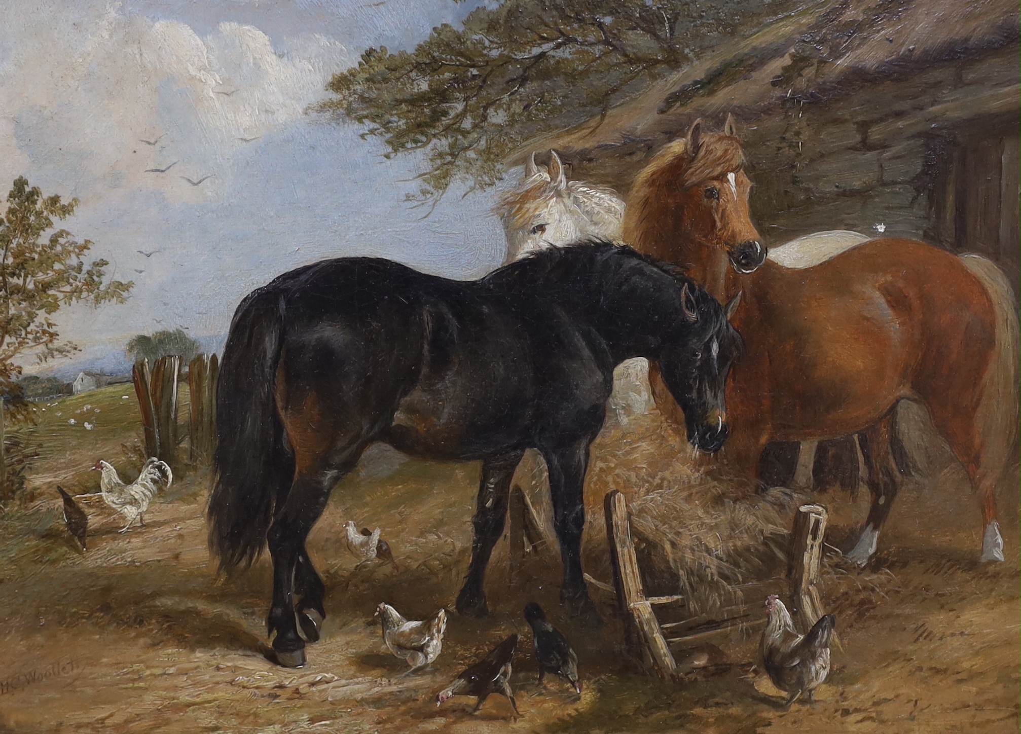 Henry Charles Woollett (1826 - 1893) pair of oils on canvas, Farmyard scenes with horses and - Image 2 of 3