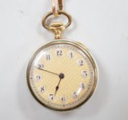 An 18ct gold, two colour enamel and diamond set open face fob watch, on a similar 9ct and enamel