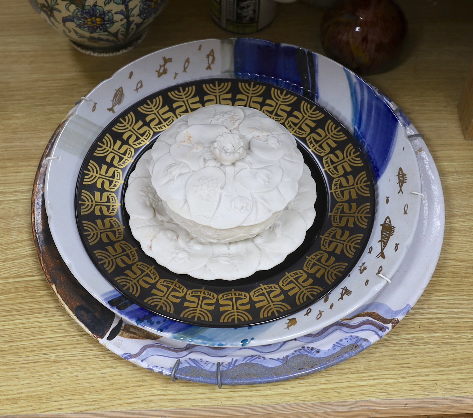 Assorted contemporary ornamental ceramics including chargers, celadon style teapot and vase - Image 3 of 3