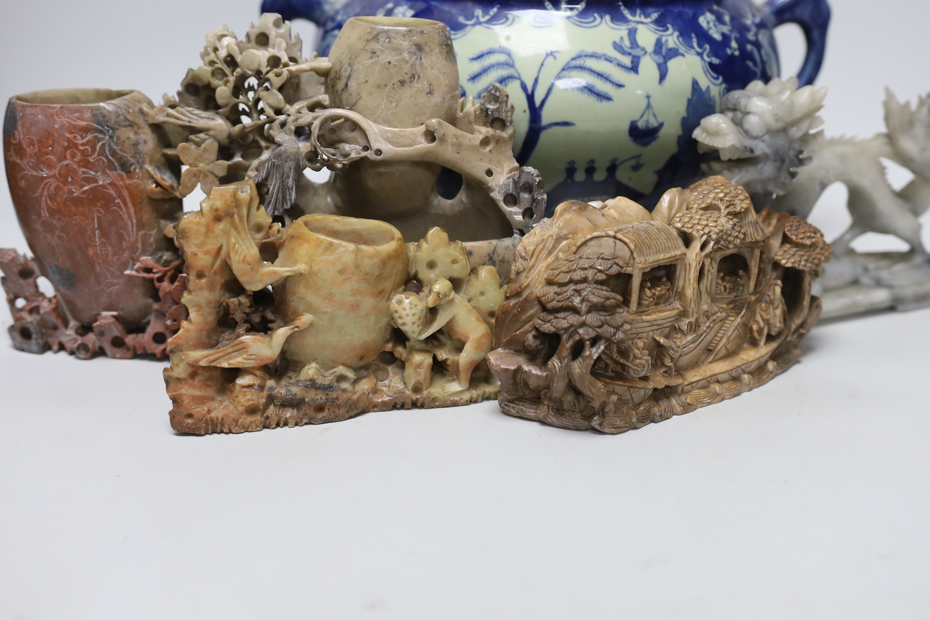 Five Chinese soapstone carvings and a two handled pot - Image 3 of 6