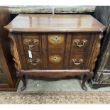 A Dutch style mahogany and walnut two drawer chest, width 82cm, depth 45cm, height 75cm