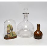 A large engraved, “Max Greger & Co London Wine Flagon”, a small amber glass bottle 1891 and a