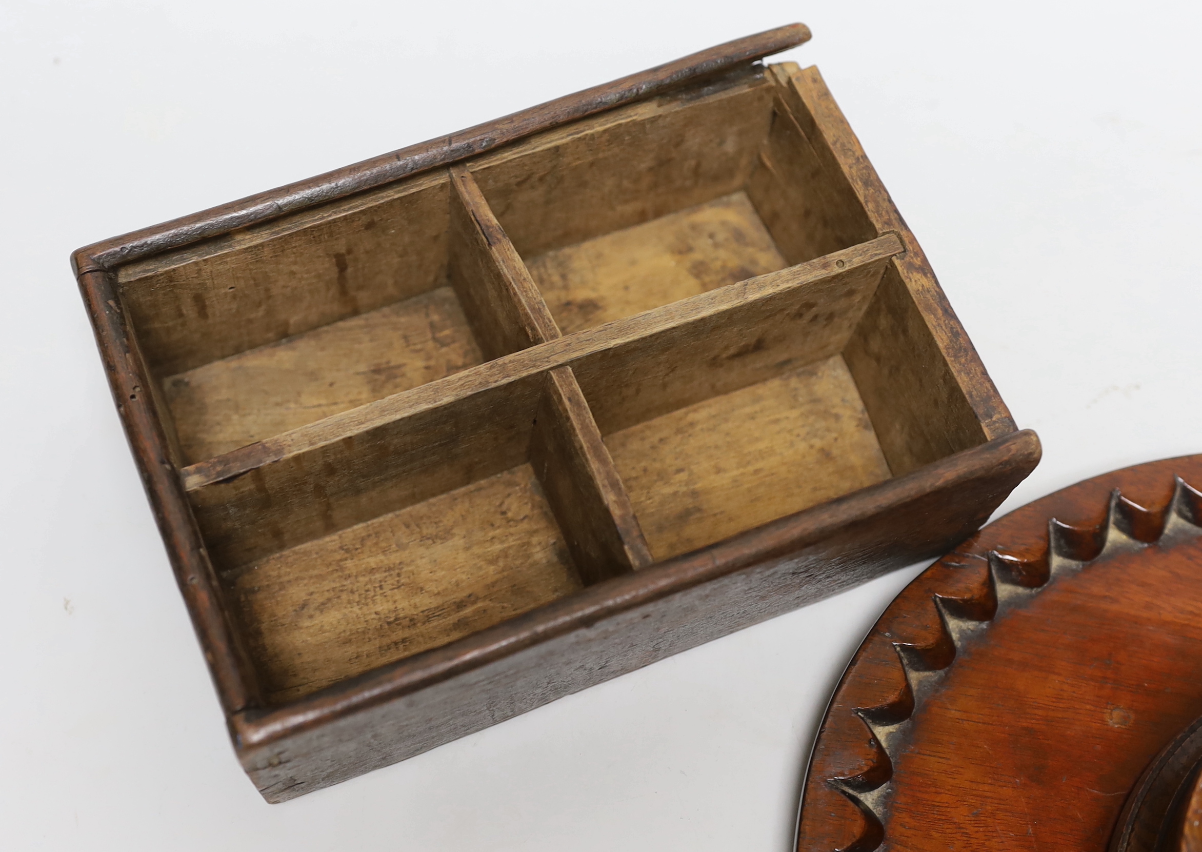 Treen including carved love spoon, four section box with incised decoration and a coaster, the - Image 5 of 5