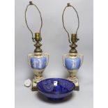 ° ° A pair of urn shaped lamps decorated with classical ladies and Greek key borders, together