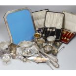 Assorted silver and white metal items including capstan inkwell, mug, photograph frame, cased and