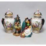 A pair of Dresden vases and covers and two Doulton figures, tallest 26cm