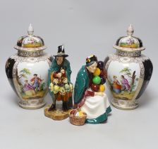 A pair of Dresden vases and covers and two Doulton figures, tallest 26cm