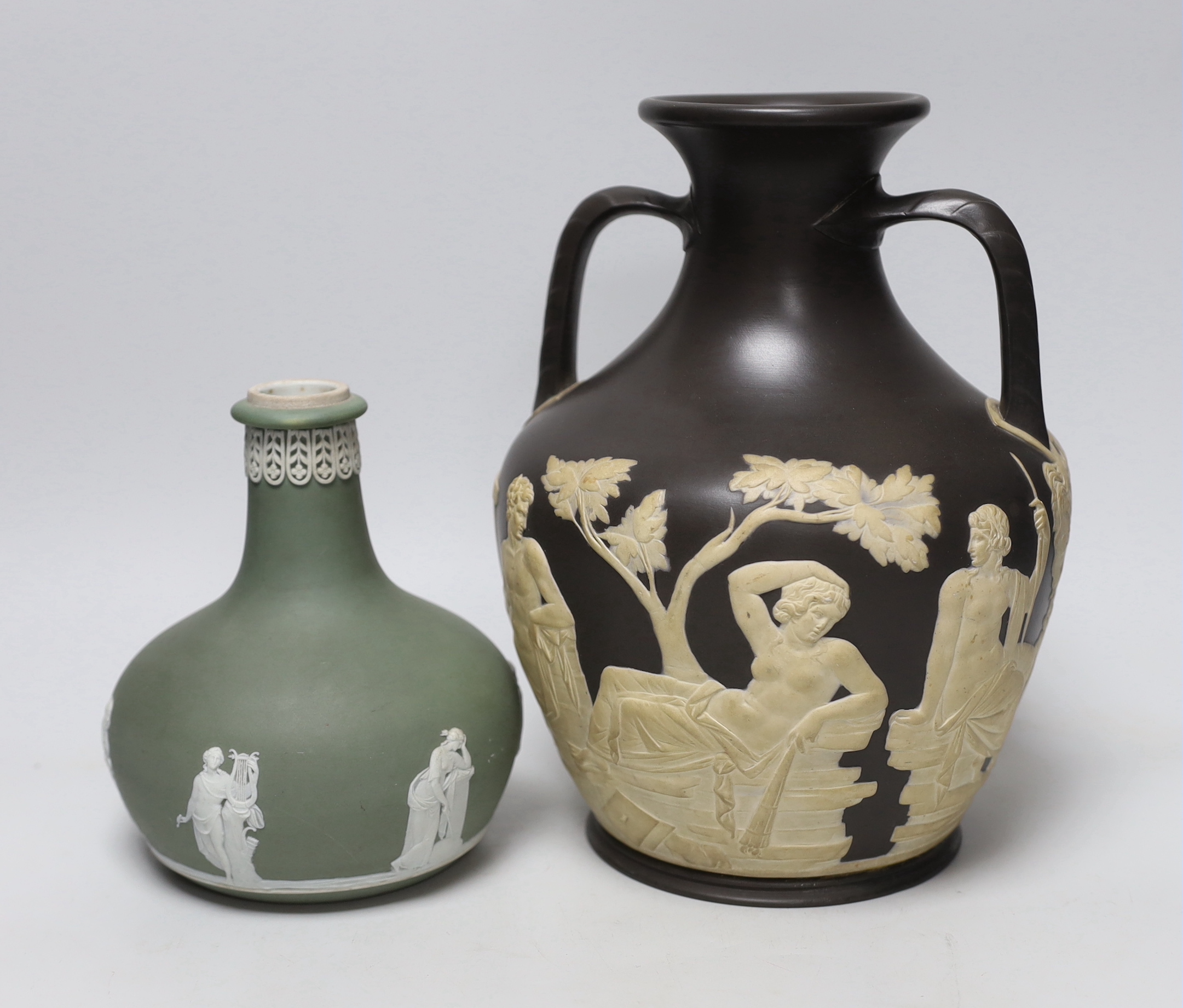 Attributed to Wedgwood, a jasper ware copy of the Portland vase, unmarked and a Wedgwood - Image 2 of 4