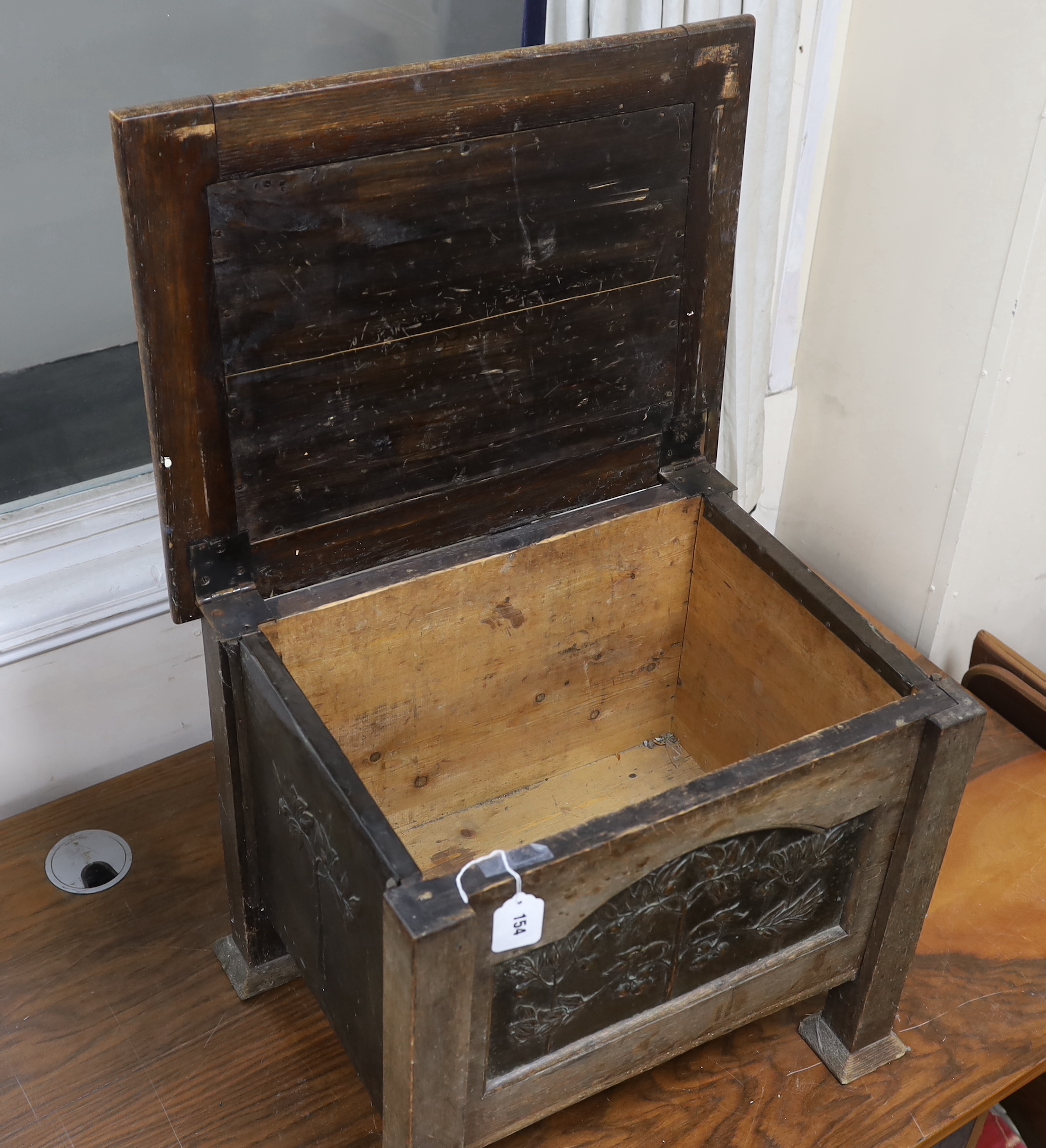 An Arts and Crafts oak and embossed copper coal box, width 54cm, depth 43cm, height 46cm - Image 3 of 3