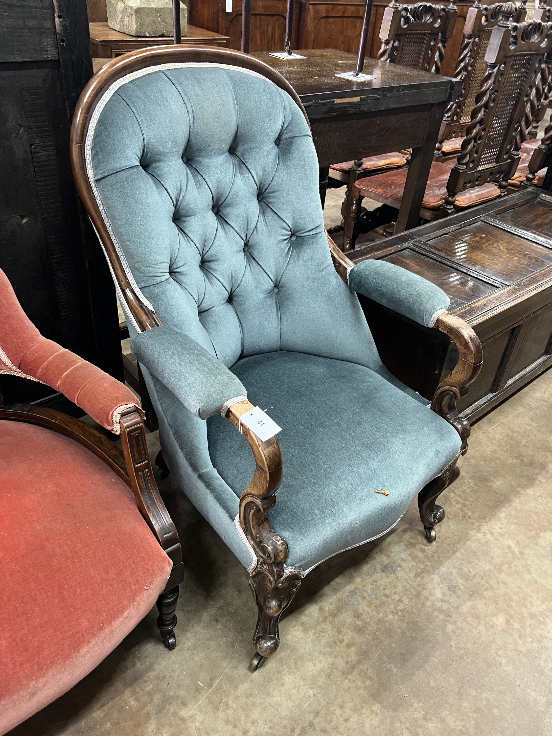 A pair of late Victorian tub shaped open armchairs, upholstered, one in red, the other in blue, - Image 5 of 7