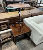 A Victorian walnut oval tripod wine table, width 61cm, depth 45cm, height 73cm and a reproduction