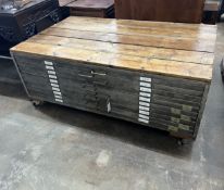 A contemporary planked top steel ten drawer plan chest on locking wheels, width 147cm, depth 89cm,