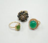Three assorted yellow metal and gem set dress rings, including 14k and 10k, gross weight 13.2