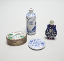 Two Chinese snuff bottles, a porcelain mounted white metal box, mother-of-pearl counters etc