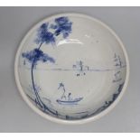 Deborah Sears for ISIS ceramics, blue and white bowl, hand painted with figures in boats, mark to