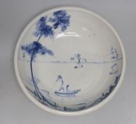 Deborah Sears for ISIS ceramics, blue and white bowl, hand painted with figures in boats, mark to