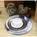 Assorted contemporary ornamental ceramics including chargers, celadon style teapot and vase