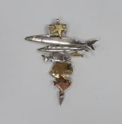 A late 20th century Alan Vallis silver and two colour yellow metal 'Red Sea Shoal' drop pendant,
