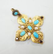 A 19th century yellow metal, turquoise, split pearl and garnet set quatrefoil pendant, overall