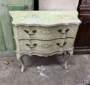 A small Louis XVI style painted two drawer chest, width 77cm, depth 32cm, height 74cm