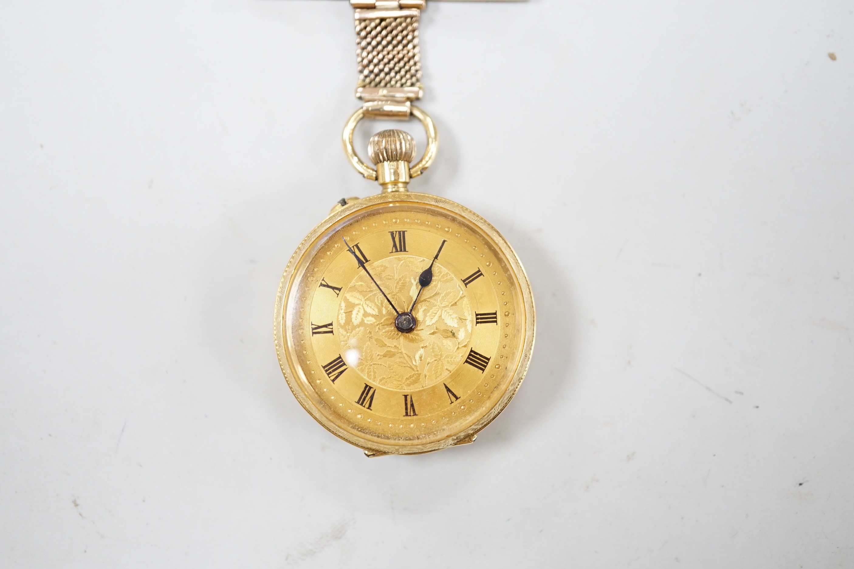 An early 20th century 18ct gold open face fob watch, with Roman dial, on a 9ct suspension brooch, - Image 2 of 4