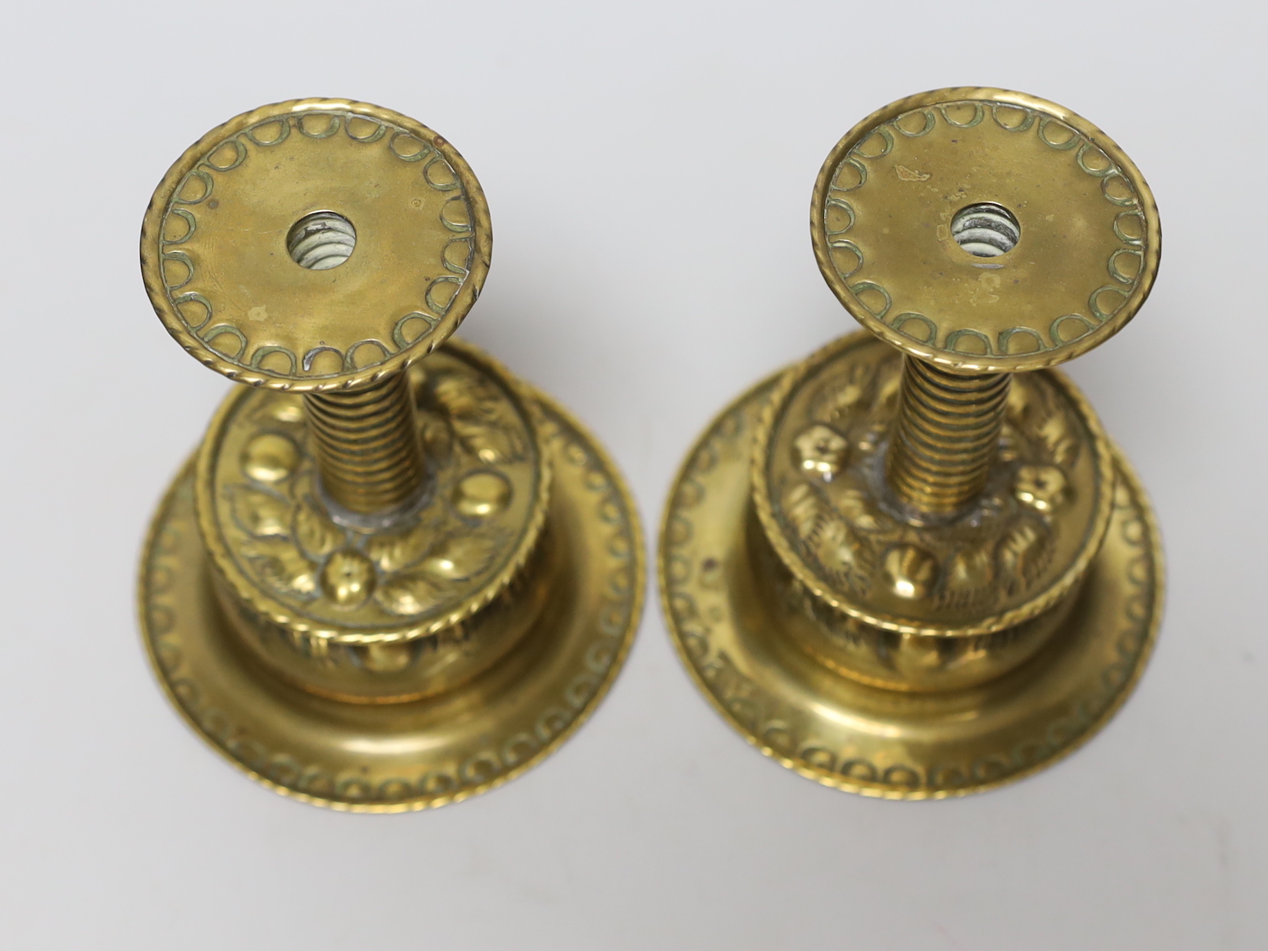 A pair of Charles II style brass dwarf candlesticks, 12cm - Image 2 of 3