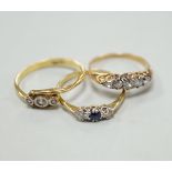 Two 18ct rings including illusion set three stone diamond and sapphire and diamond three stone and a