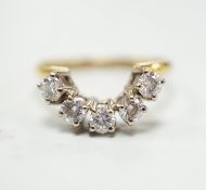 A modern 18ct gold and five stone diamond set demi-lune ring (part of a wedding set?) size M,