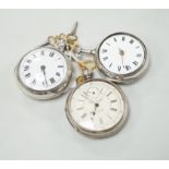 Three assorted silver pocket watches, including two pair cased and an open faced chronograph, by