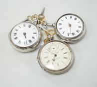 Three assorted silver pocket watches, including two pair cased and an open faced chronograph, by