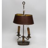 A Victorian toleware two branch student lamp, 51cm high