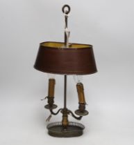 A Victorian toleware two branch student lamp, 51cm high