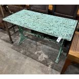 A Victorian style rectangular aluminium garden table, width 114cm, depth 58cm, height 69cm