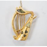 A George V 9ct gold and inset hardstone set brooch, modelled as a harp, 34mm, gross weight 5.6