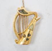 A George V 9ct gold and inset hardstone set brooch, modelled as a harp, 34mm, gross weight 5.6