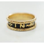 A Victorian 18ct gold and black enamel 'In Memoriam' band, inscribed ' Edwr John Lewis obt 5th April