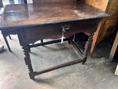 A 17th century oak side table, with bobbin turned legs, width 94cm, depth 54cm, height 69cm
