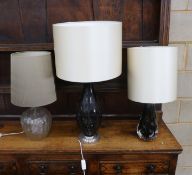 A contemporary Porta Romana baluster glass table lamp and shade, height 78cm together with two other