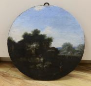 19th century English school, circular oil on wood panel, River landscape with figures fishing,
