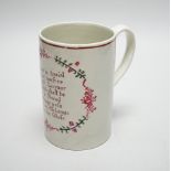 A pearlware mug printed with a verse, c.1790-1800, painted sprigs, 13cm