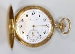 A Swiss 14k keyless hunter pocket watch by A. Lange & Sohne, with Arabic dial and subsidiary