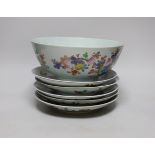 An 18th century Chinese famille rose bowl and a group of five Chinese wucai plates, each decorated
