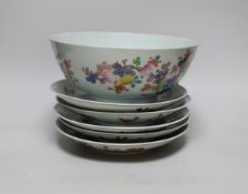 An 18th century Chinese famille rose bowl and a group of five Chinese wucai plates, each decorated