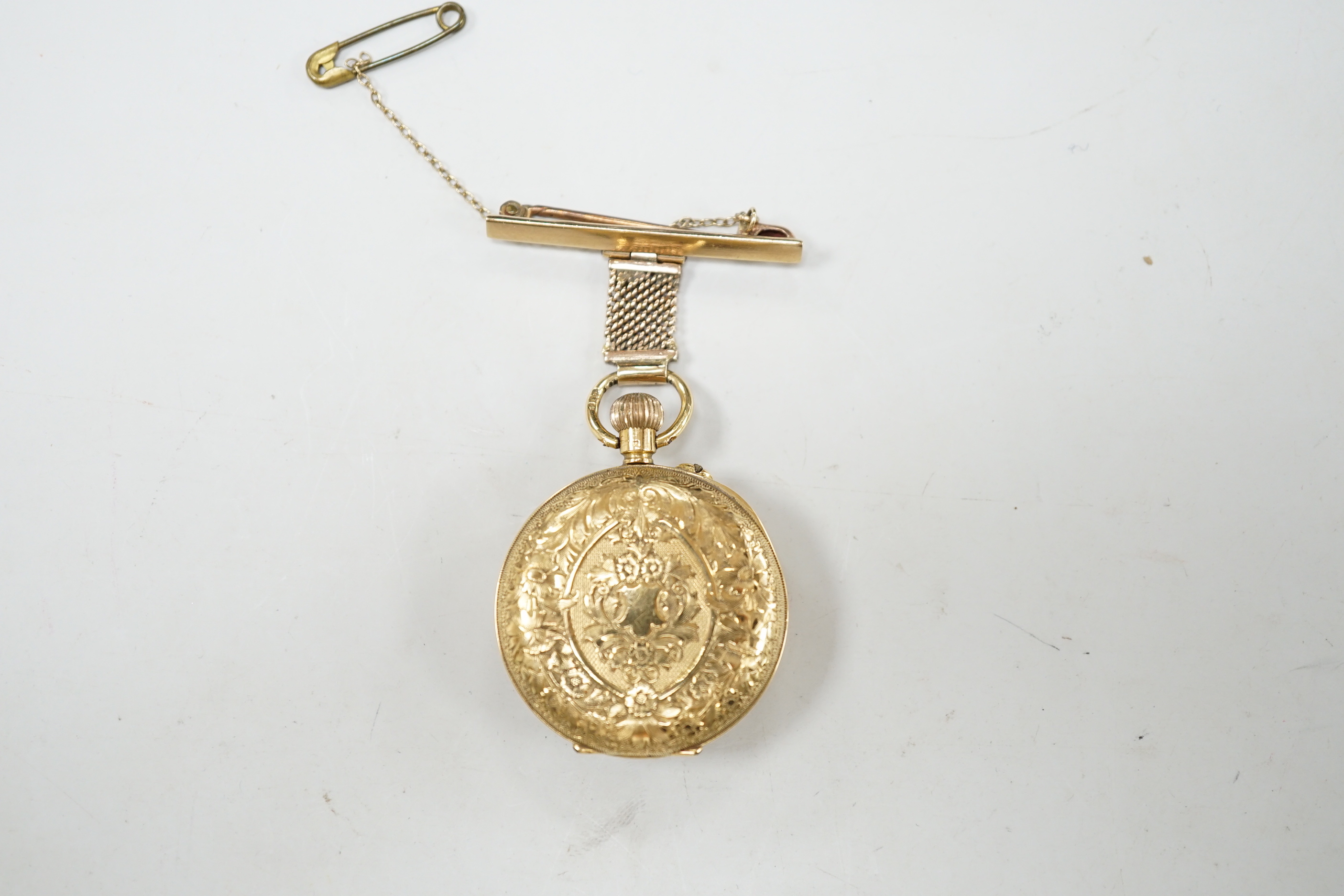 An early 20th century 18ct gold open face fob watch, with Roman dial, on a 9ct suspension brooch, - Image 3 of 4
