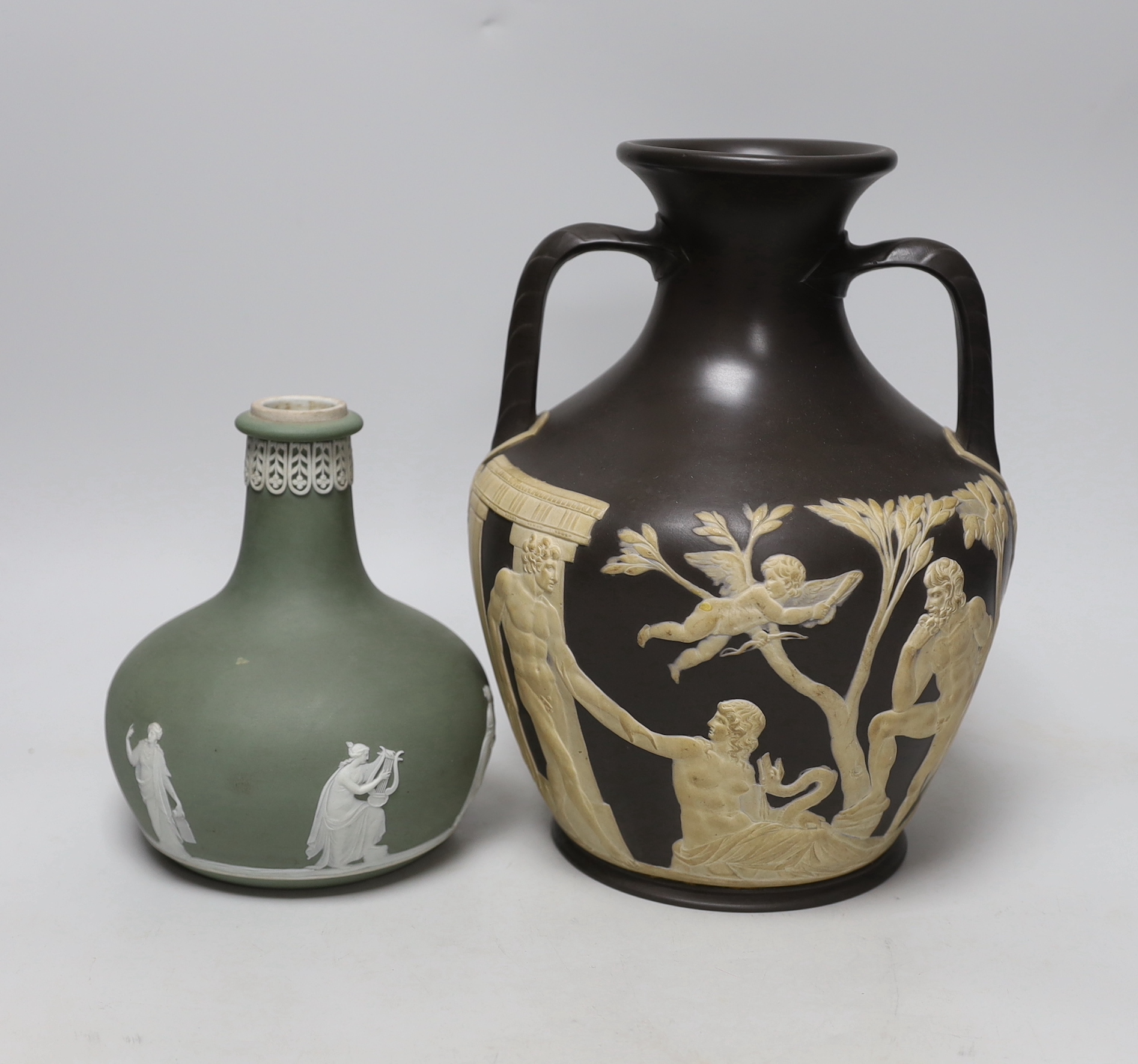 Attributed to Wedgwood, a jasper ware copy of the Portland vase, unmarked and a Wedgwood