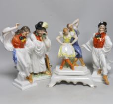 Four vintage Herend figures including pair of dancing figures and a shepherd, each with stamp to the